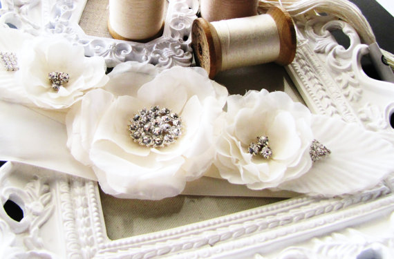 Handcrafted Off White Wedding Bridal Sash Belt Taffeta And Rhinestones