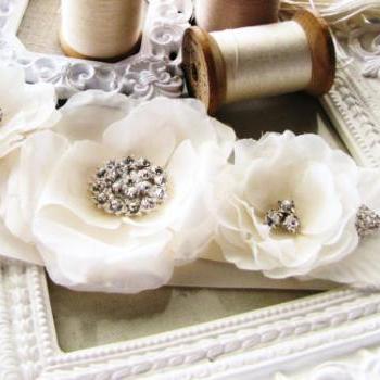 Handcrafted Off White Wedding Bridal Sash Belt Taffeta and Rhinestones